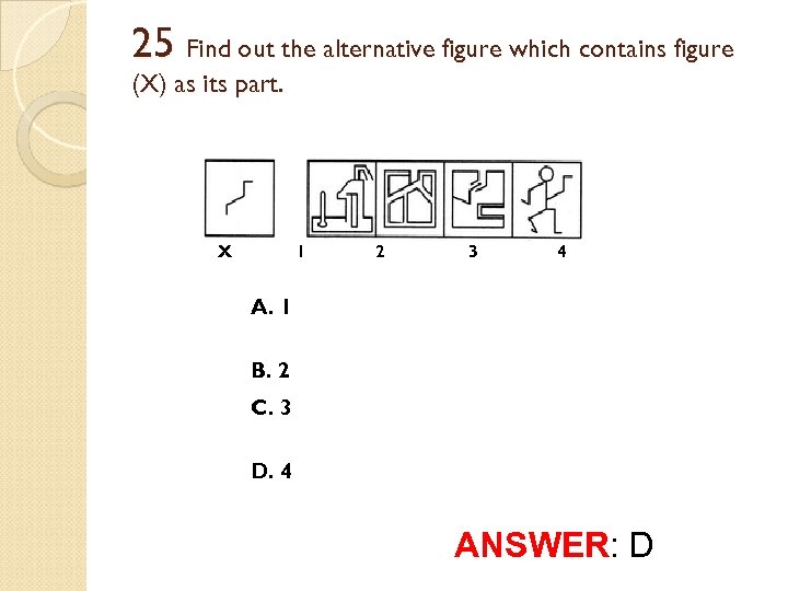 25 Find out the alternative figure which contains figure (X) as its part. X