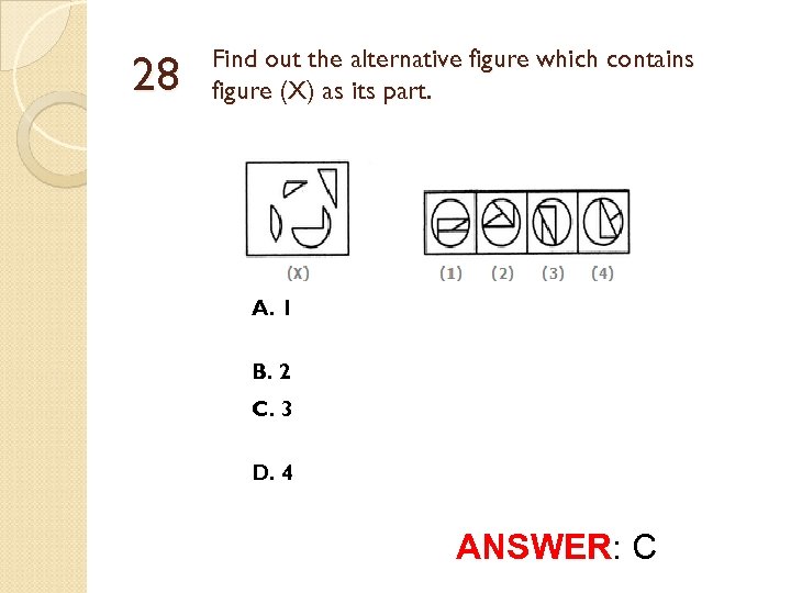 28 Find out the alternative figure which contains figure (X) as its part. A.