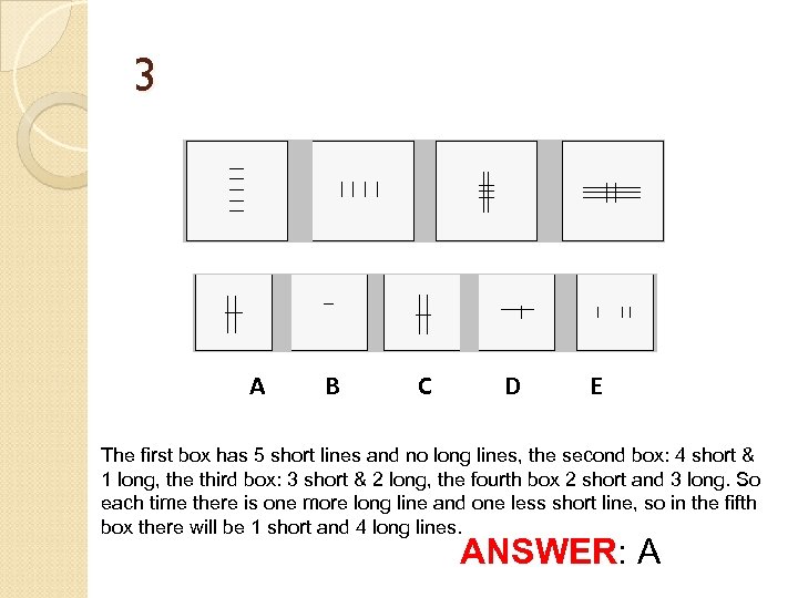3 A B C D E The first box has 5 short lines and