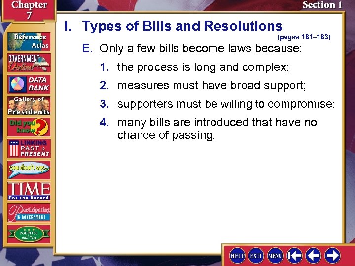 I. Types of Bills and Resolutions (pages 181– 183) E. Only a few bills