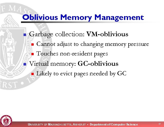 Oblivious Memory Management n Garbage collection: VM-oblivious n n n Cannot adjust to changing