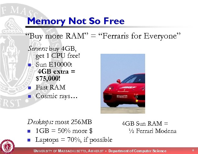 Memory Not So Free “Buy more RAM” = “Ferraris for Everyone” Servers: buy 4