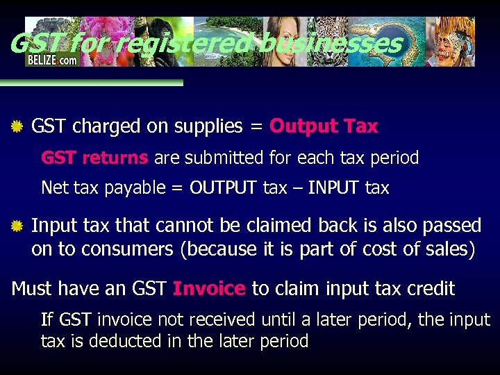 GST for registered businesses GST charged on supplies = Output Tax GST returns are