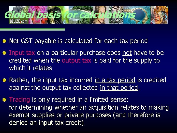 Global basis for calculations Net GST payable is calculated for each tax period Input