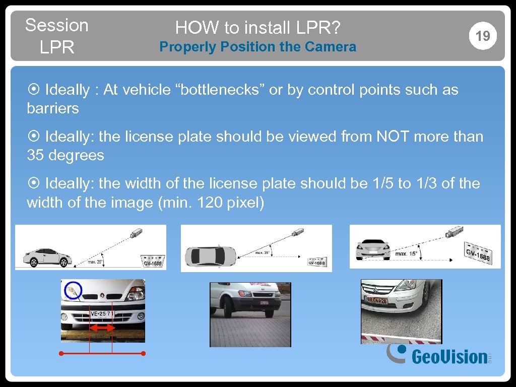 Session LPR HOW to install LPR? Properly Position the Camera 19 ¤ Ideally :