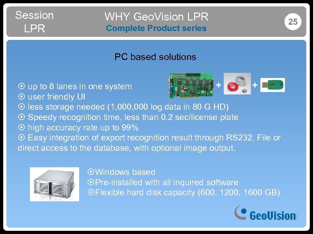 Session LPR WHY Geo. Vision LPR Complete Product series PC based solutions + +