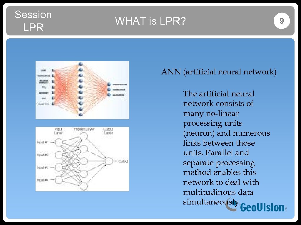 Session LPR WHAT is LPR? ANN (artificial neural network) The artificial neural network consists