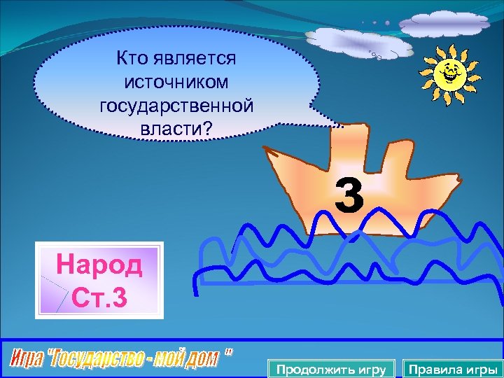 Кто является источником государственной власти? Народ Ст. 3 Продолжить игру Правила игры 