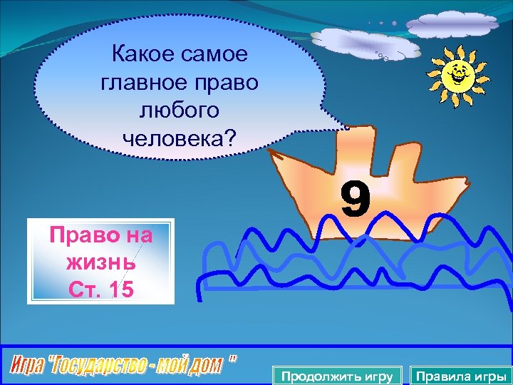 Какое самое главное право любого человека? Право на жизнь Ст. 15 Продолжить игру Правила