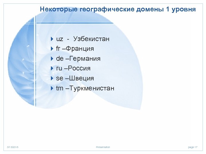 Некоторые географические домены 1 уровня 4 uz - Узбекистан 4 fr –Франция 4 de