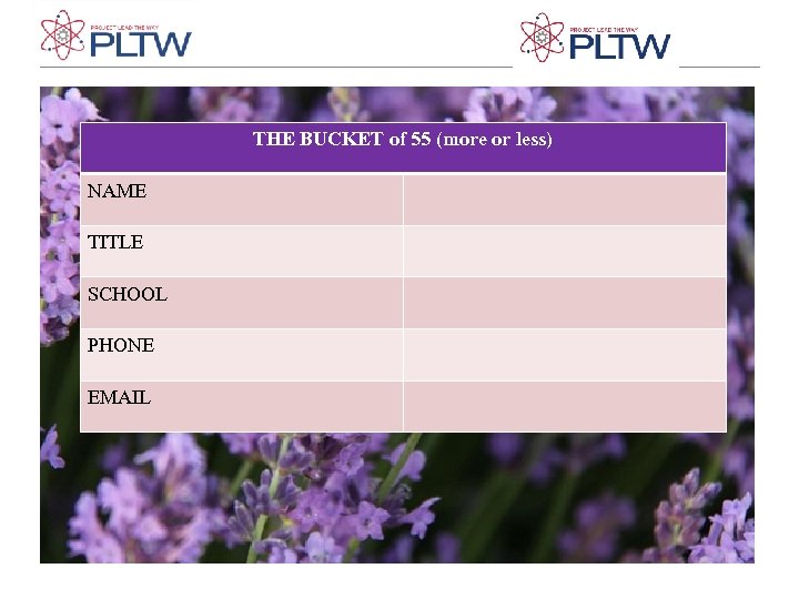 THE BUCKET of 55 (more or less) NAME TITLE SCHOOL PHONE EMAIL 