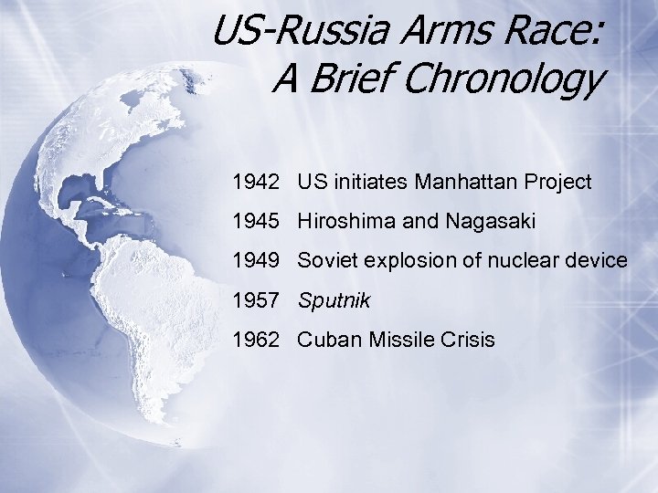 US-Russia Arms Race: A Brief Chronology 1942 US initiates Manhattan Project 1945 Hiroshima and