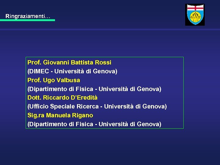 Ringraziamenti… Prof. Giovanni Battista Rossi (DIMEC - Università di Genova) Prof. Ugo Valbusa (Dipartimento