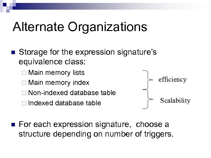 Alternate Organizations n Storage for the expression signature’s equivalence class: ¨ Main memory lists