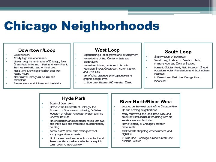 Chicago Neighborhoods West Loop Downtown/Loop • • • Close to work Mostly high rise