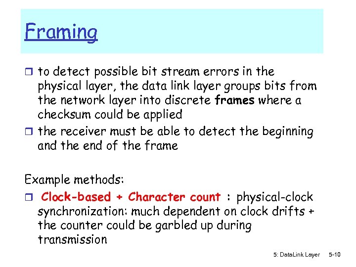 Framing r to detect possible bit stream errors in the physical layer, the data