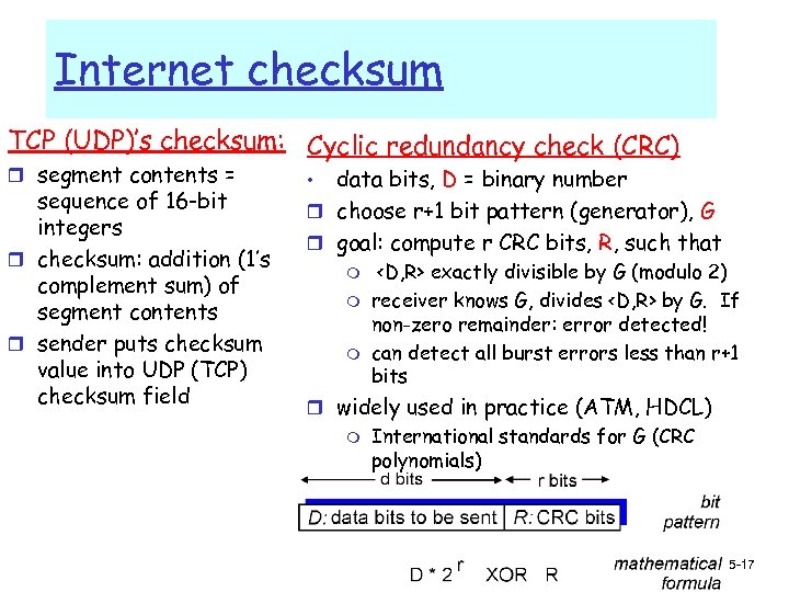 Internet checksum TCP (UDP)’s checksum: Cyclic redundancy check (CRC) r segment contents = sequence