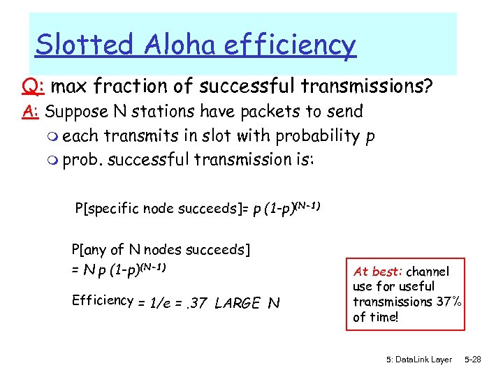 Slotted Aloha efficiency Q: max fraction of successful transmissions? A: Suppose N stations have