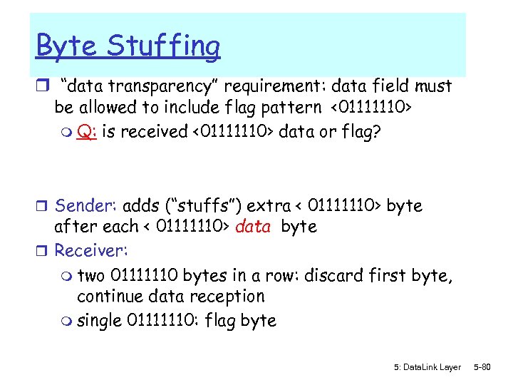 Byte Stuffing r “data transparency” requirement: data field must be allowed to include flag