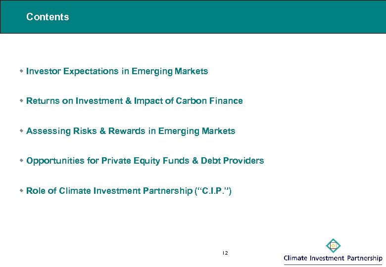 Contents w Investor Expectations in Emerging Markets w Returns on Investment & Impact of