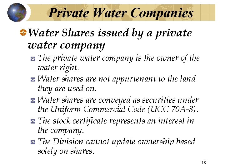 Private Water Companies Water Shares issued by a private water company The private water