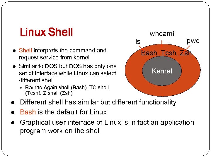 Linux Shell l l Shell interprets the command request service from kernel Similar to