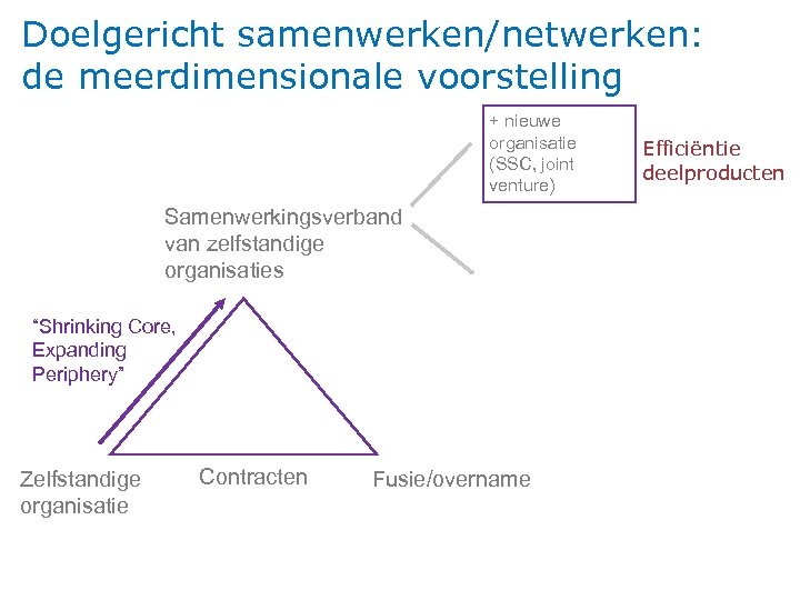 Doelgericht samenwerken/netwerken: de meerdimensionale voorstelling + nieuwe organisatie (SSC, joint venture) Samenwerkingsverband van zelfstandige