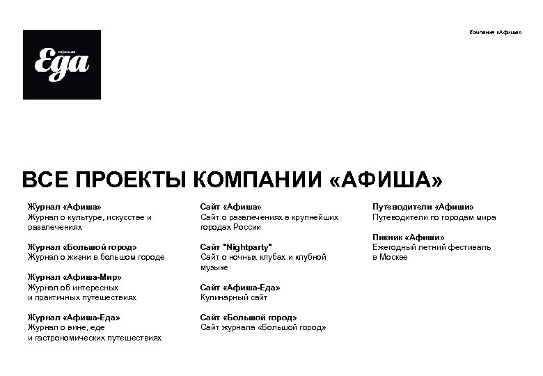 Компания «Афиша» ВСЕ ПРОЕКТЫ КОМПАНИИ «АФИША» Журнал «Афиша» Журнал о культуре, искусстве и развлечениях