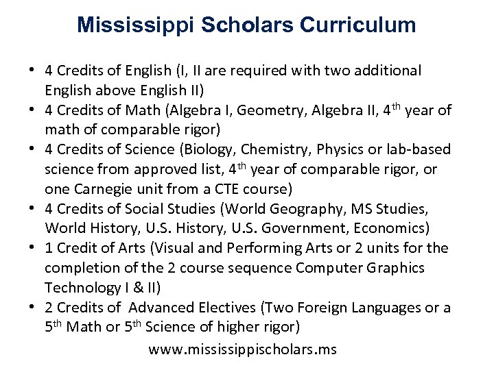 Mississippi Scholars Curriculum • 4 Credits of English (I, II are required with two