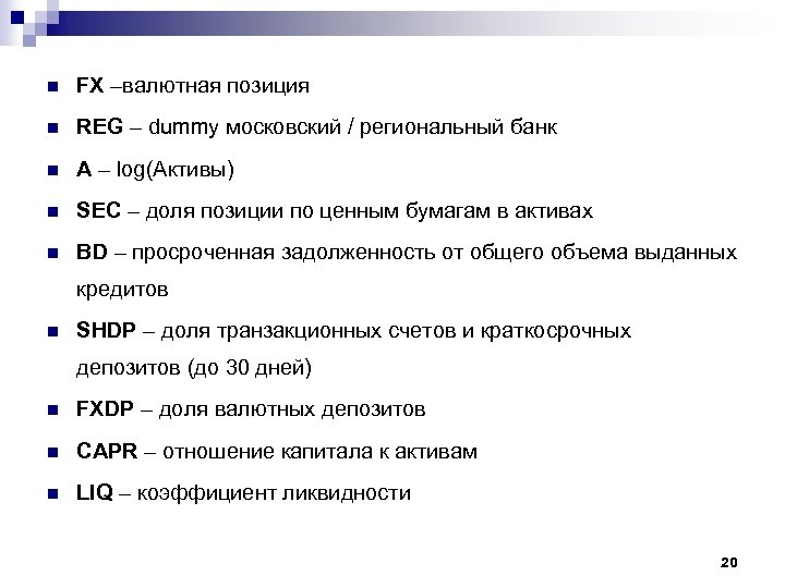 n FX –валютная позиция n REG – dummy московский / региональный банк n A