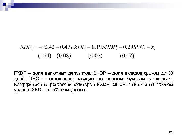 FXDP – доля валютных депозитов, SHDP – доля вкладов сроком до 30 дней, SEC