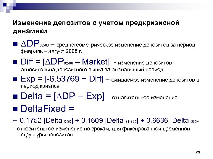 Изменение депозитов с учетом предкризисной динамики n DP – среднегеометрическое изменение депозитов за период