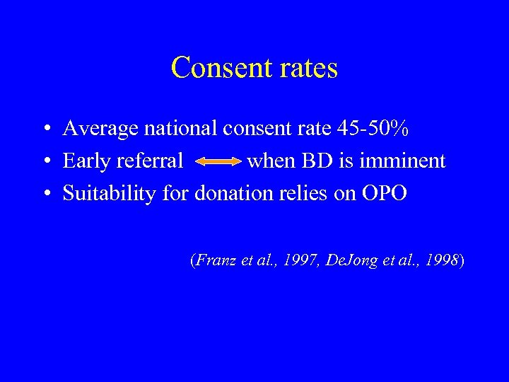 Consent rates • Average national consent rate 45 -50% • Early referral when BD