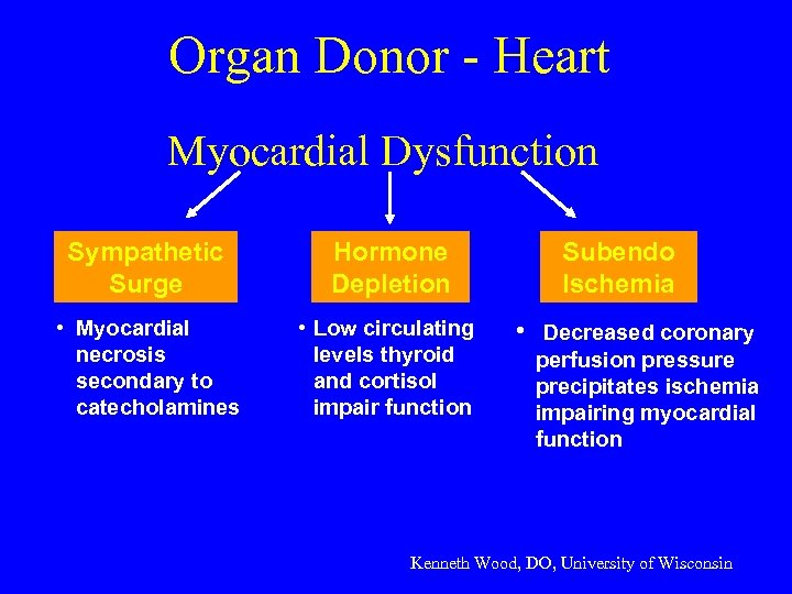 Organ Donor - Heart Myocardial Dysfunction Sympathetic Surge Hormone Depletion • Myocardial necrosis secondary