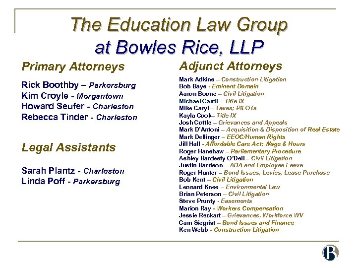 The Education Law Group at Bowles Rice, LLP Primary Attorneys Rick Boothby – Parkersburg