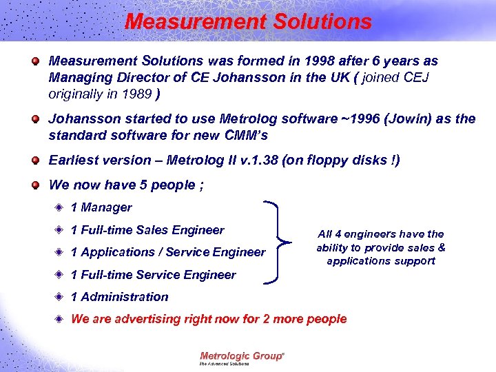 Measurement Solutions was formed in 1998 after 6 years as Managing Director of CE