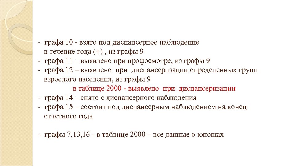  - графа 10 - взято под диспансерное наблюдение в течение года (+) ,