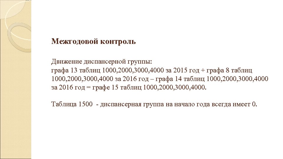  Межгодовой контроль Движение диспансерной группы: графа 13 таблиц 1000, 2000, 3000, 4000 за