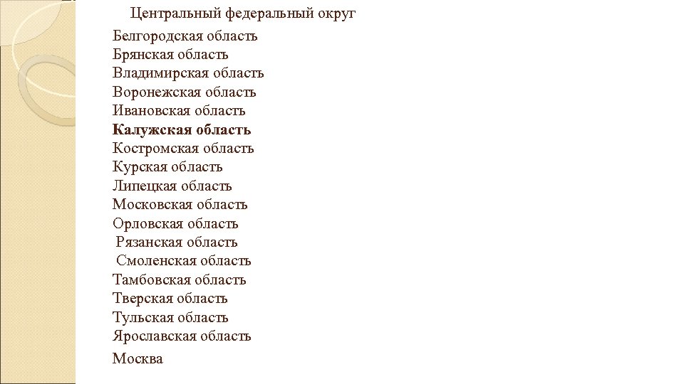  Центральный федеральный округ Белгородская область Брянская область Владимирская область Воронежская область Ивановская область