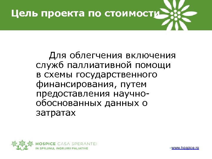 Цель проекта по стоимости Для облегчения включения служб паллиативной помощи в схемы государственного финансирования,