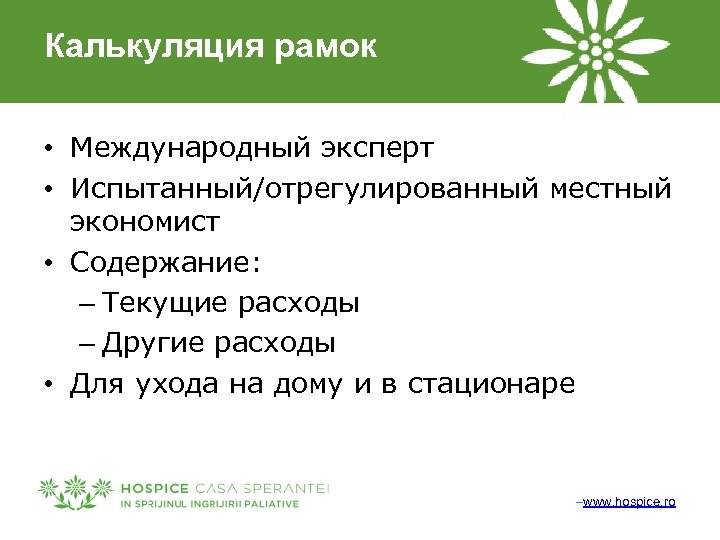 Калькуляция рамок • Международный эксперт • Испытанный/отрегулированный местный экономист • Содержание: – Текущие расходы