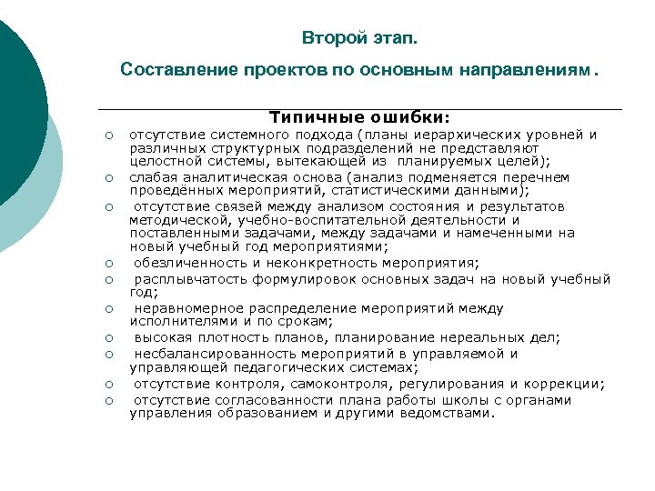 Второй этап. Составление проектов по основным направлениям Типичные ошибки: ¡ ¡ ¡ ¡ ¡