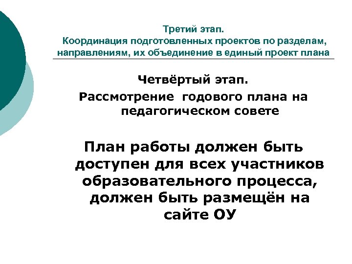 Третий этап. Координация подготовленных проектов по разделам, направлениям, их объединение в единый проект плана