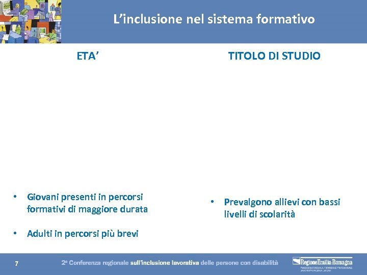 L’inclusione nel sistema formativo ETA’ • Giovani presenti in percorsi formativi di maggiore durata