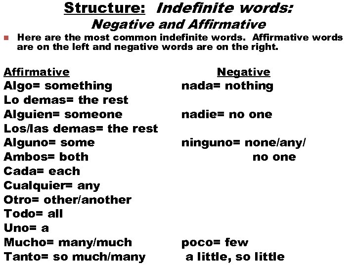 Structure: Indefinite words: Negative and Affirmative n Here are the most common indefinite words.