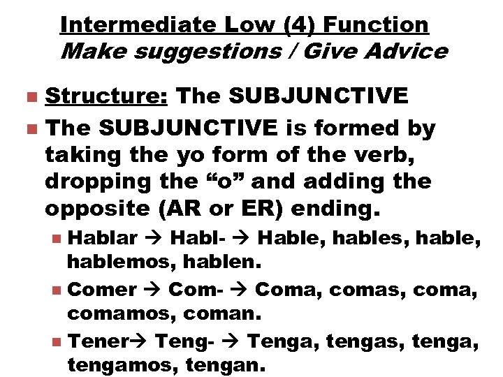 Intermediate Low (4) Function Make suggestions / Give Advice Structure: The SUBJUNCTIVE n The