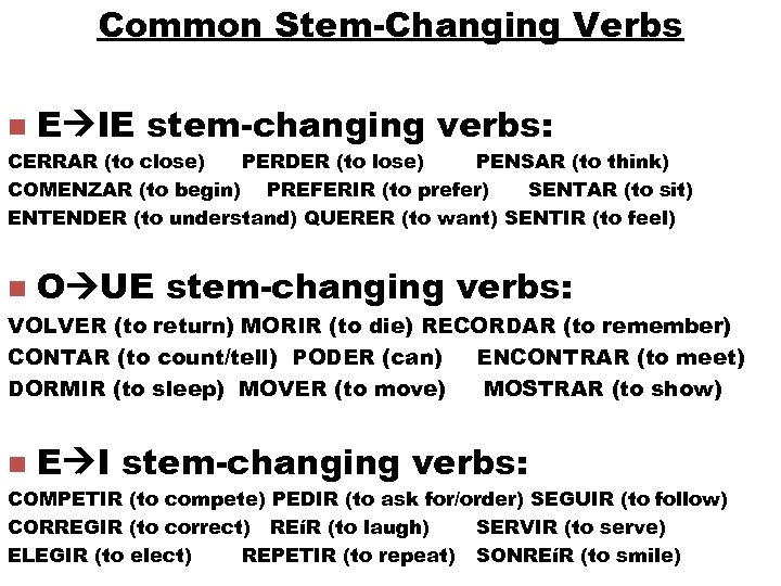 Common Stem-Changing Verbs n E IE stem-changing verbs: CERRAR (to close) PERDER (to lose)