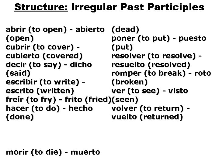 Structure: Irregular Past Participles abrir (to open) - abierto (dead) (open) poner (to put)