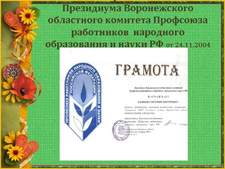 Президиума Воронежского областного комитета Профсоюза работников народного образования и науки РФ от 24. 11.