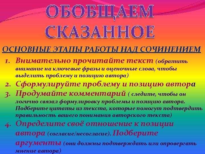 ОСНОВНЫЕ ЭТАПЫ РАБОТЫ НАД СОЧИНЕНИЕМ 1. Внимательно прочитайте текст (обратить внимание на ключевые фразы